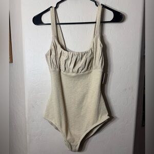 Free People Beach Neutral Ribbed Bodysuit Ruched Bust Tank One Piece S